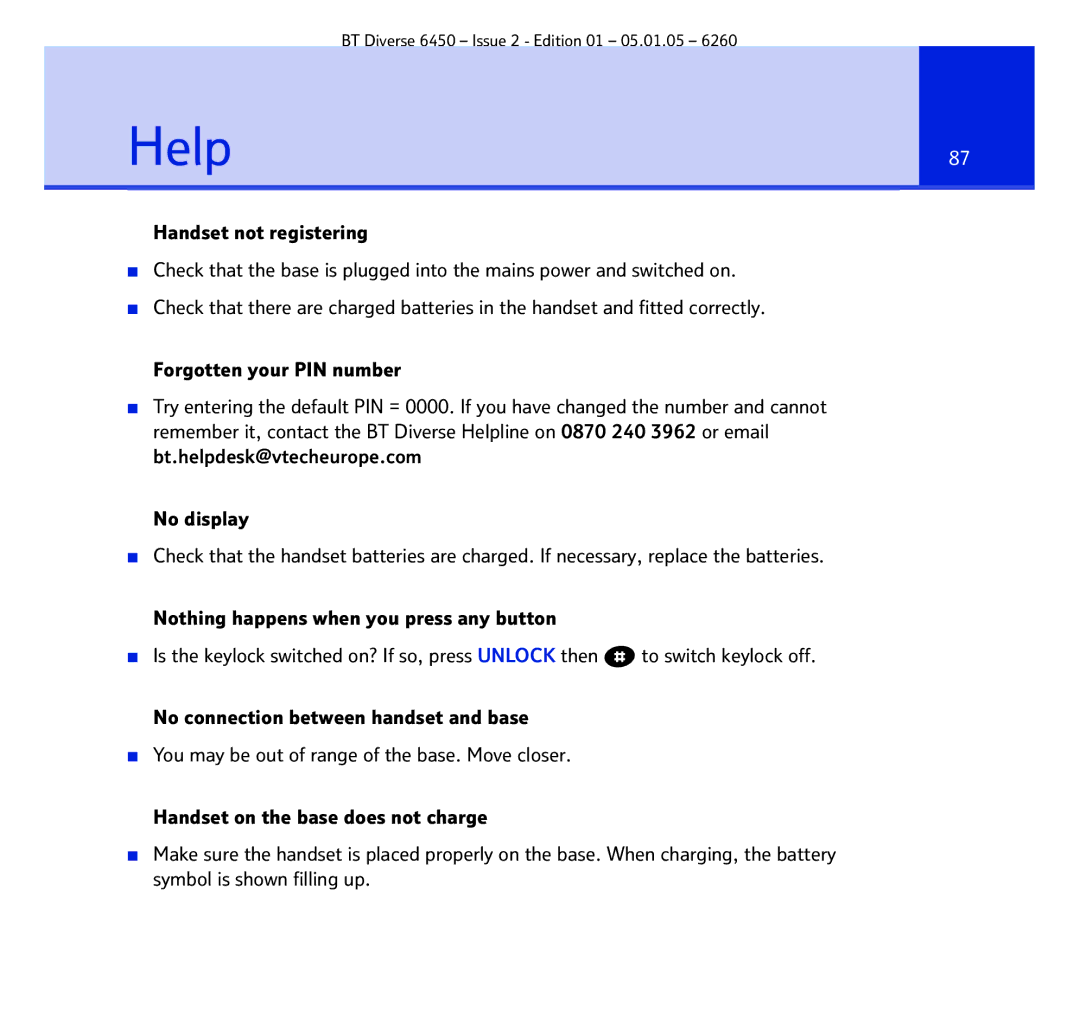 BT Diverse 6450 manual Help87 