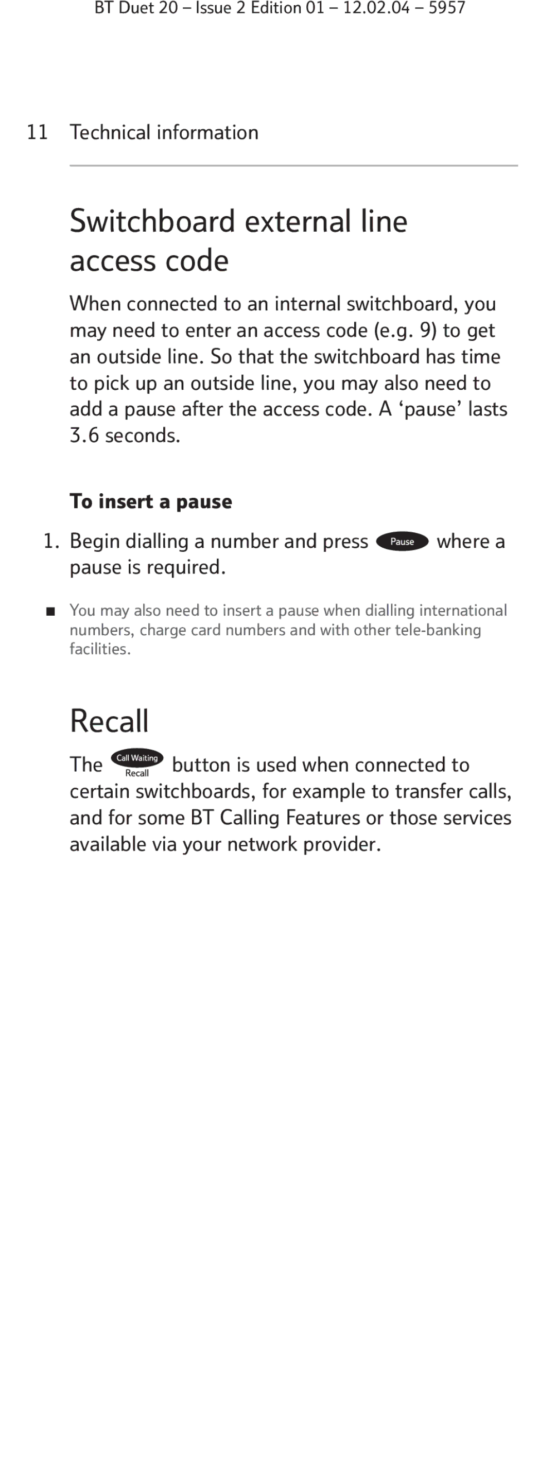 BT Duet 20 manual Switchboard external line access code, Recall, Technical information 