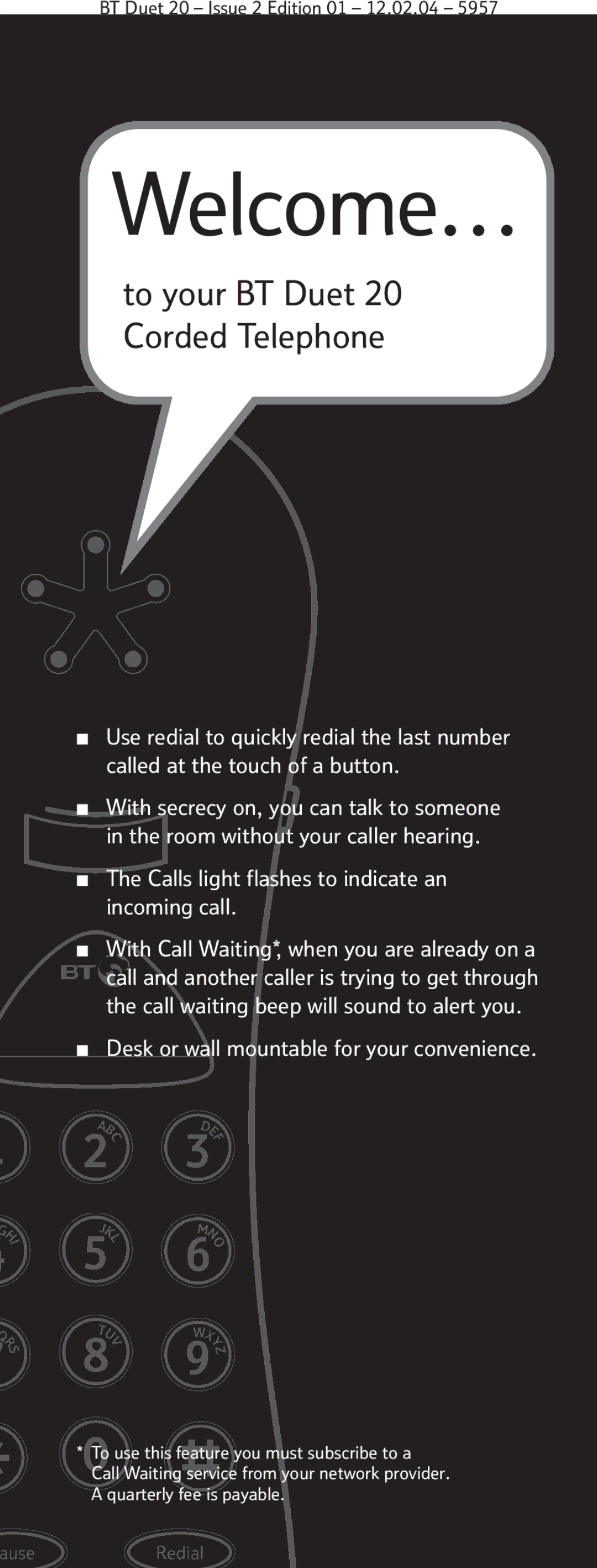 BT manual Welcome…, To your BT Duet 20 Corded Telephone 