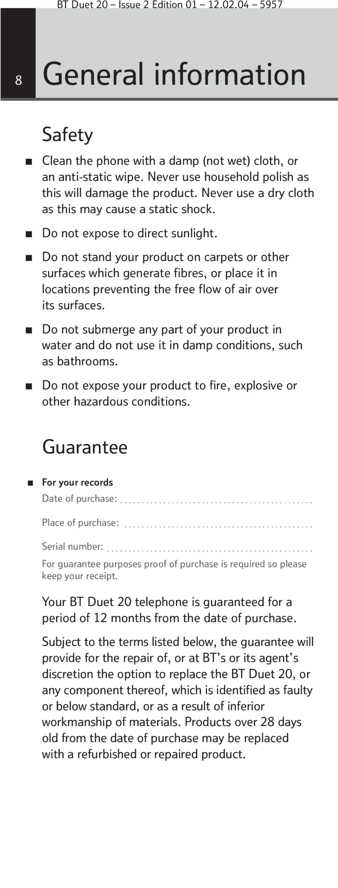 BT Duet 20 manual General information, Safety, Guarantee 