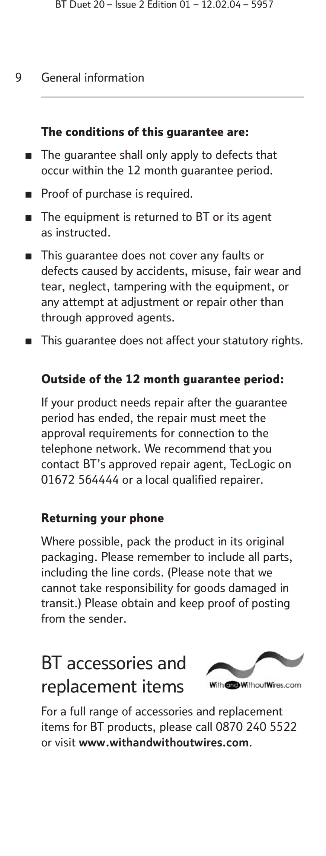 BT Duet 20 manual General information Conditions of this guarantee are, Outside of the 12 month guarantee period 