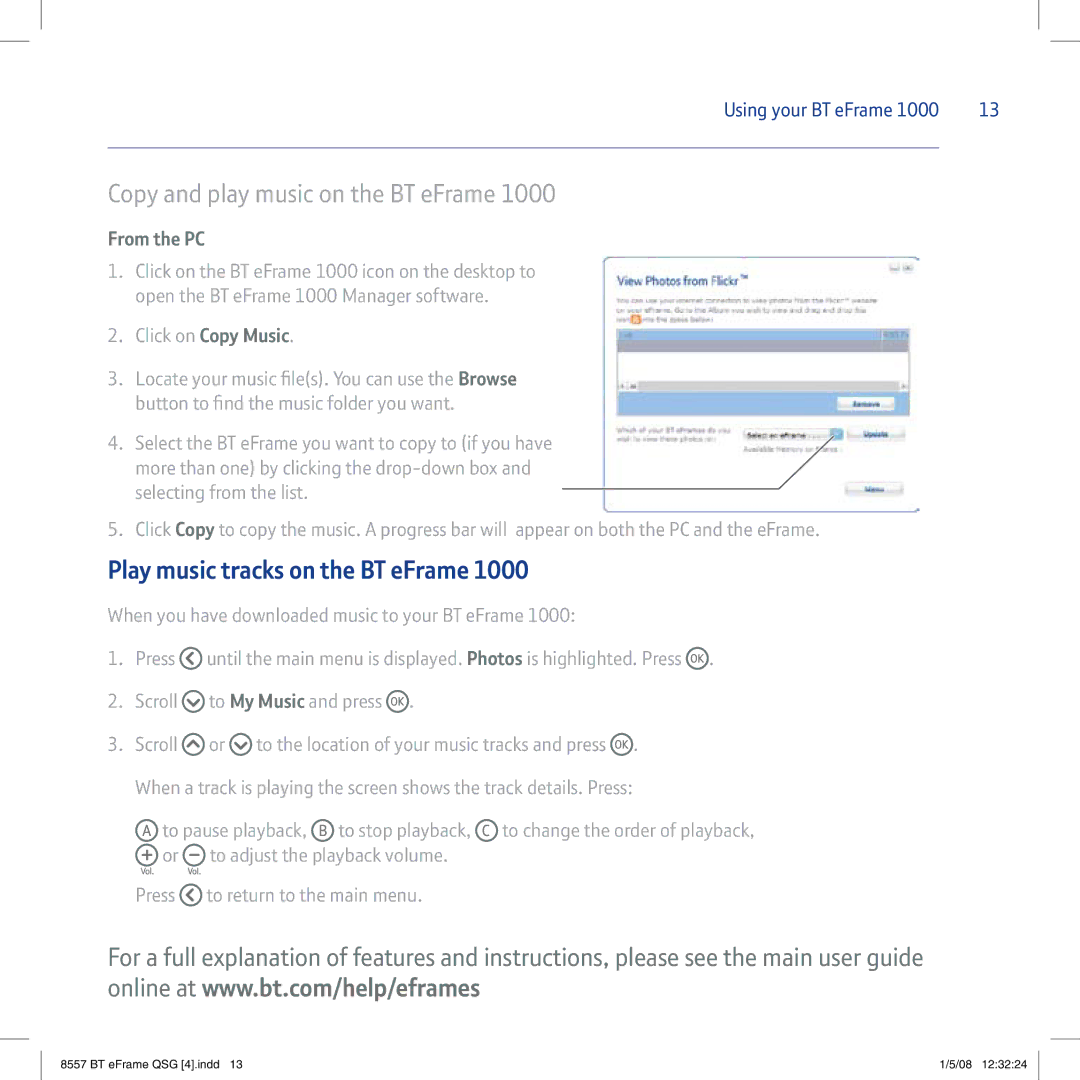 BT eFrame 1000 quick start Copy and play music on the BT eFrame, Play music tracks on the BT eFrame 