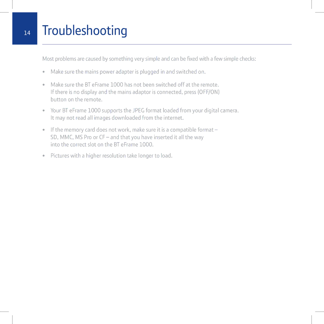 BT eFrame 1000 quick start Troubleshooting 