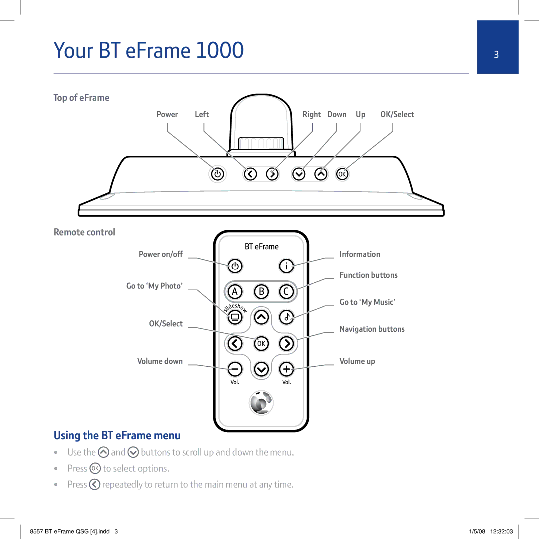 BT eFrame 1000 quick start Your BT eFrame, Using the BT eFrame menu 