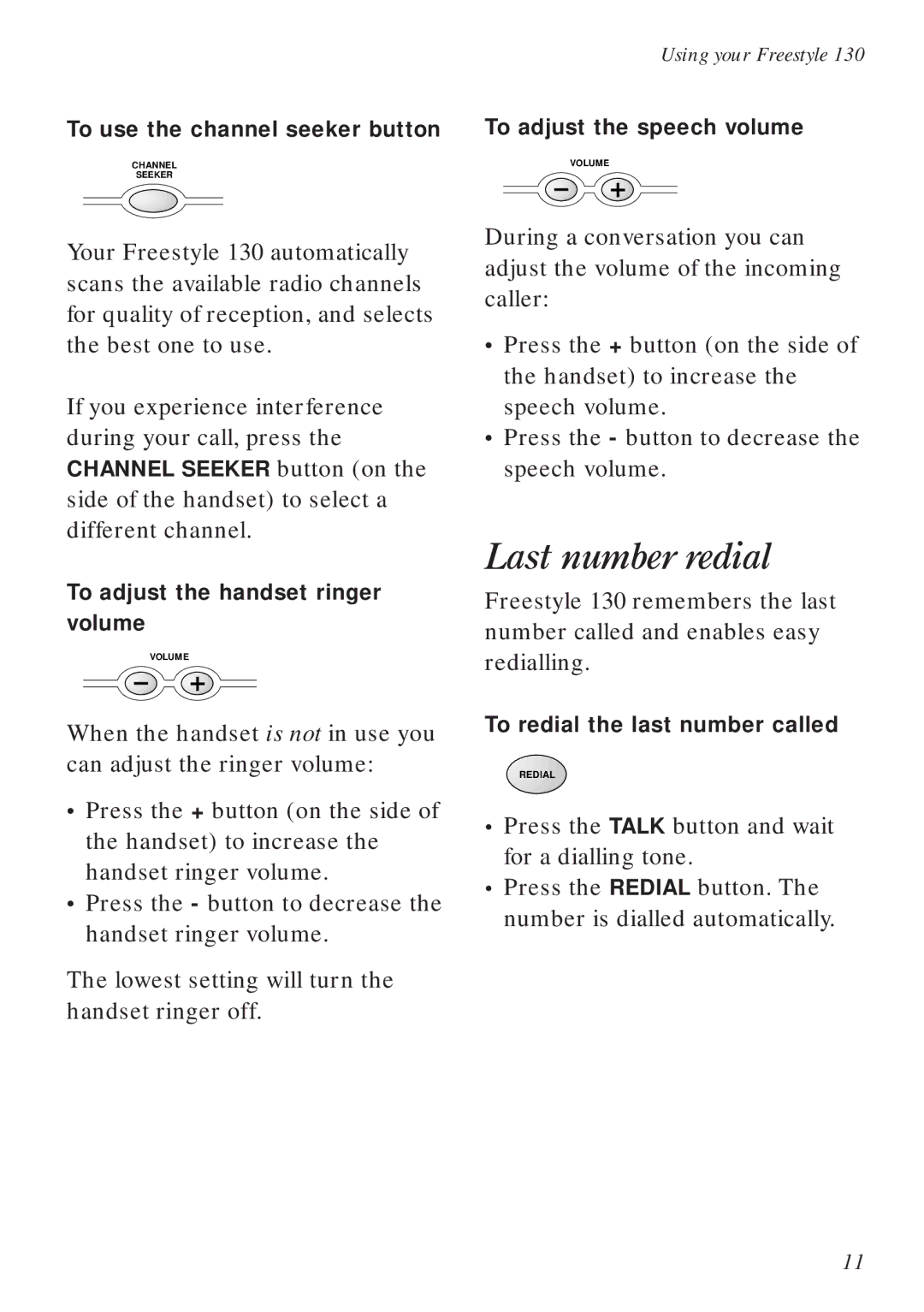 BT Freestyle 130 manual Last number redial 