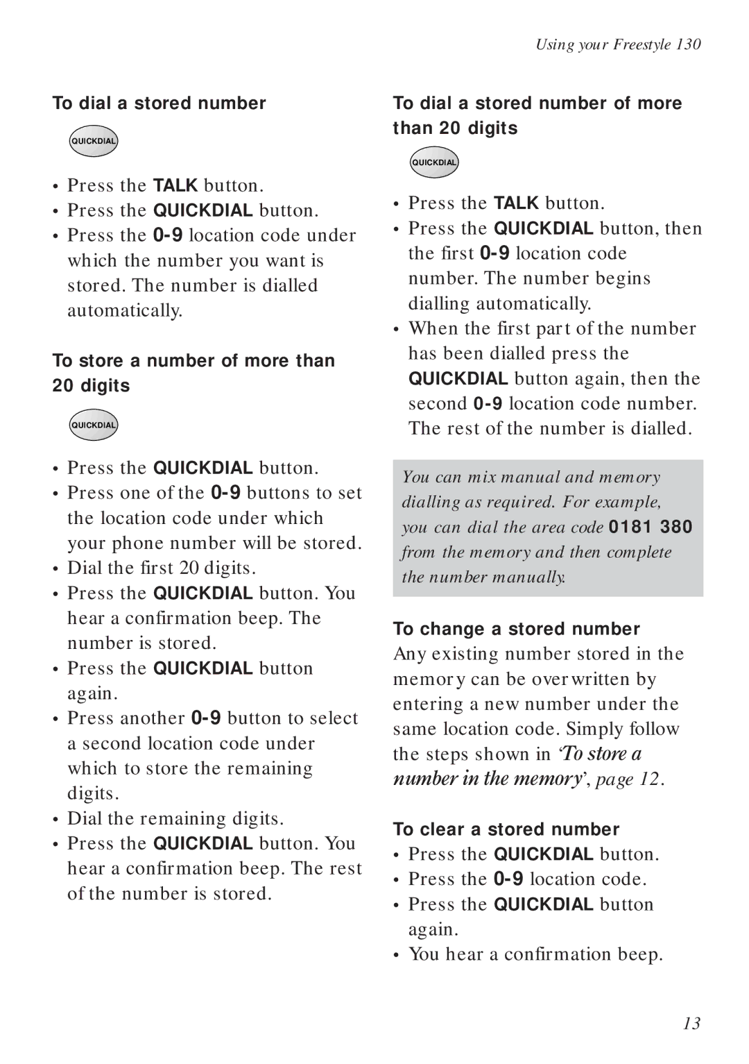 BT Freestyle 130 manual To dial a stored number 