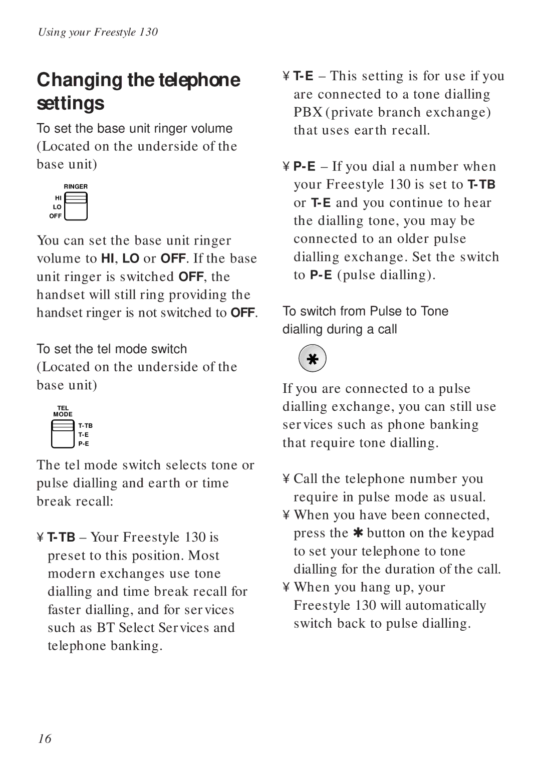 BT Freestyle 130 manual Changing the telephone settings 