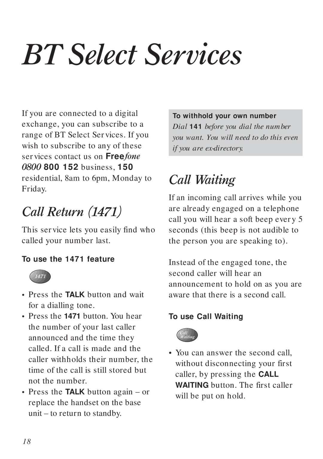 BT Freestyle 130 manual BT Select Services, Call Return, Call Waiting 