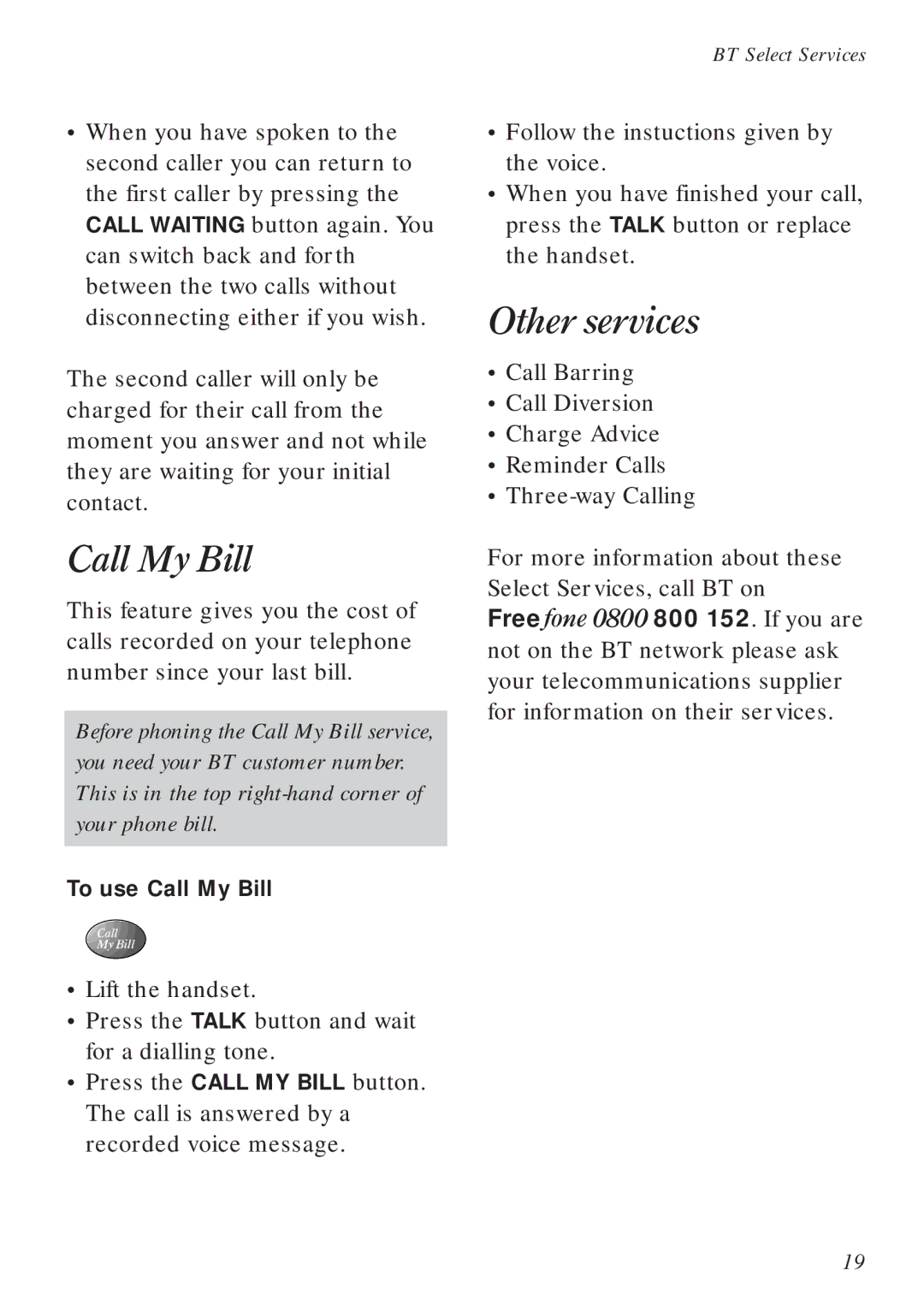 BT Freestyle 130 manual Call My Bill, Other services 