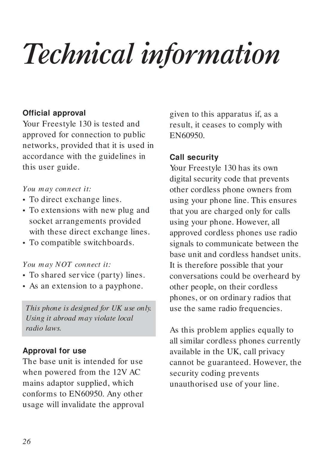 BT Freestyle 130 manual Technical information, To shared service party lines As an extension to a payphone 