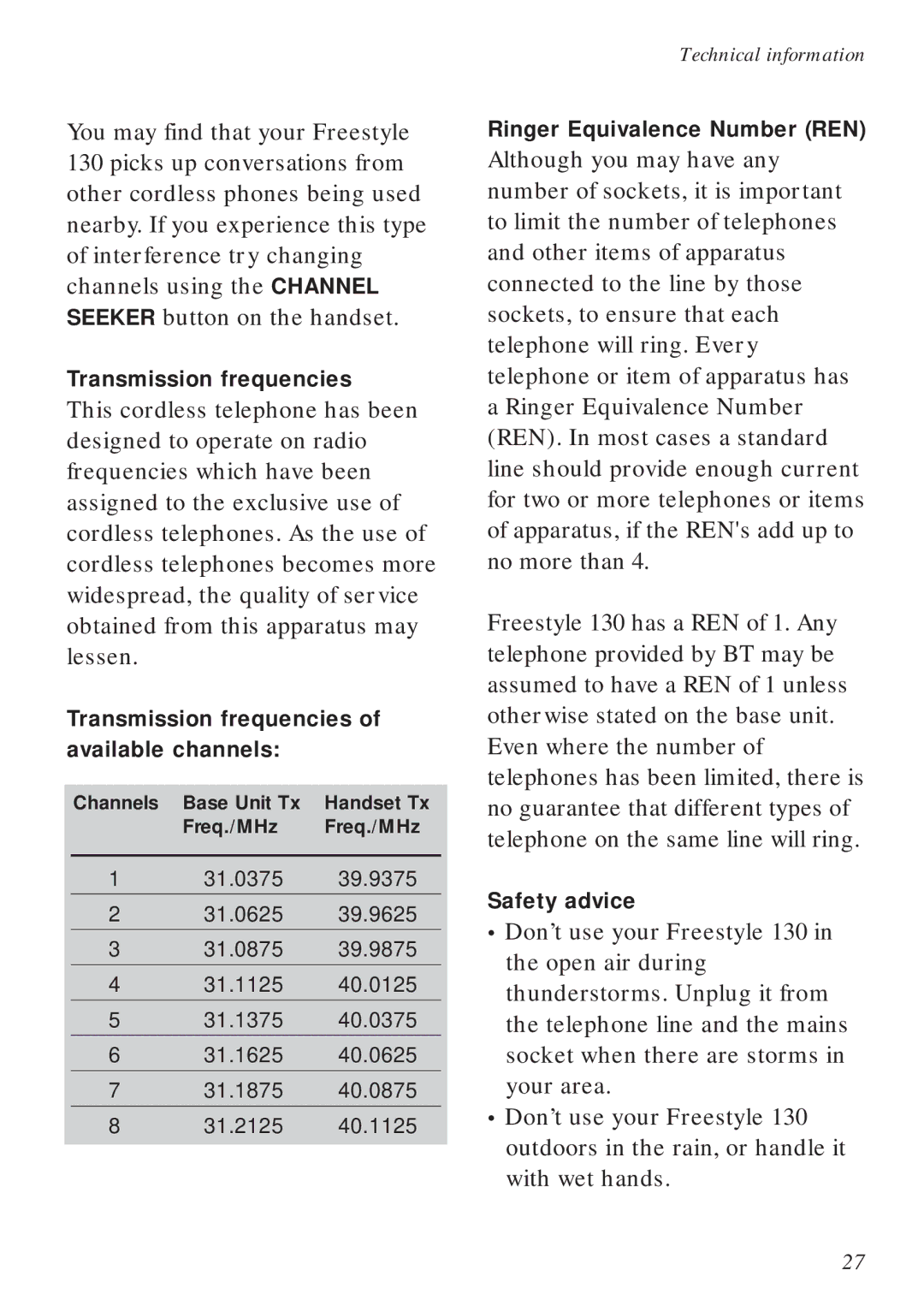 BT Freestyle 130 manual Transmission frequencies 