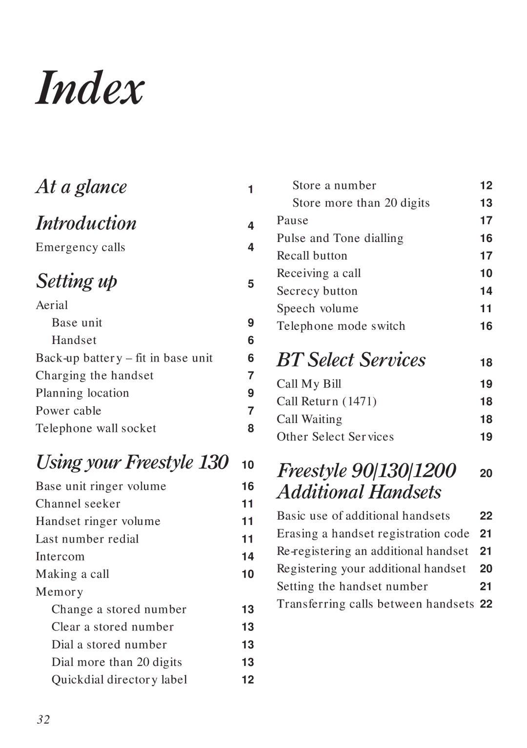 BT Freestyle 130 manual Index, Setting up 