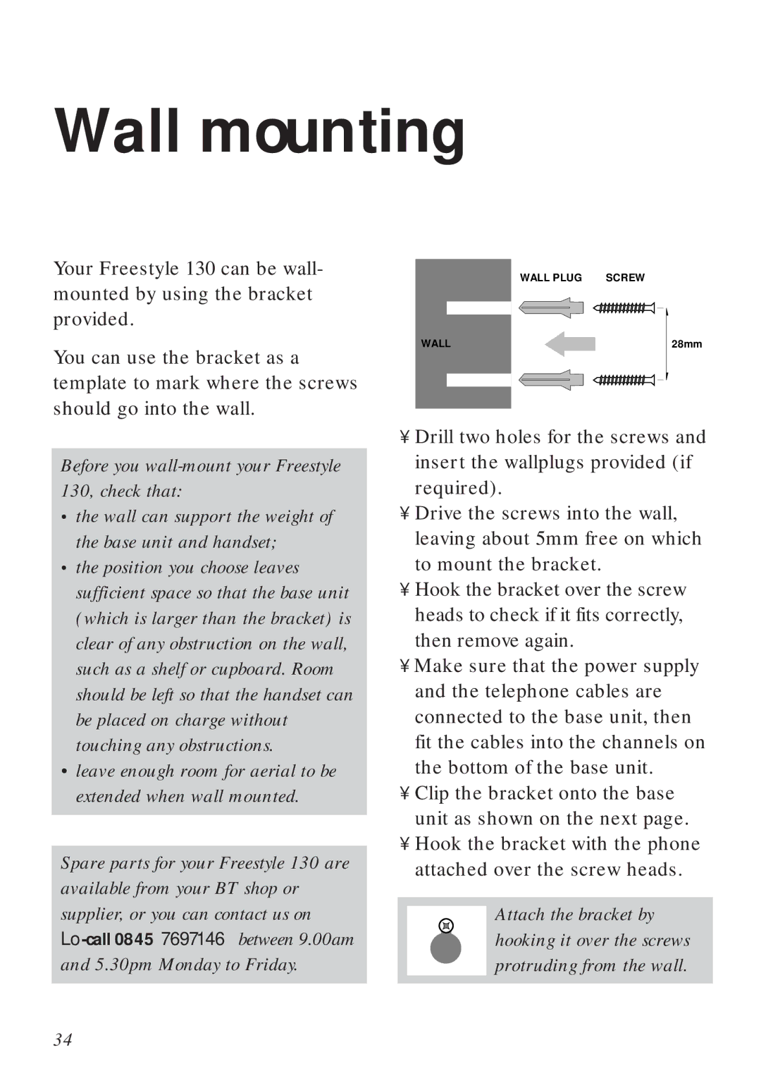 BT Freestyle 130 manual Wall mounting 