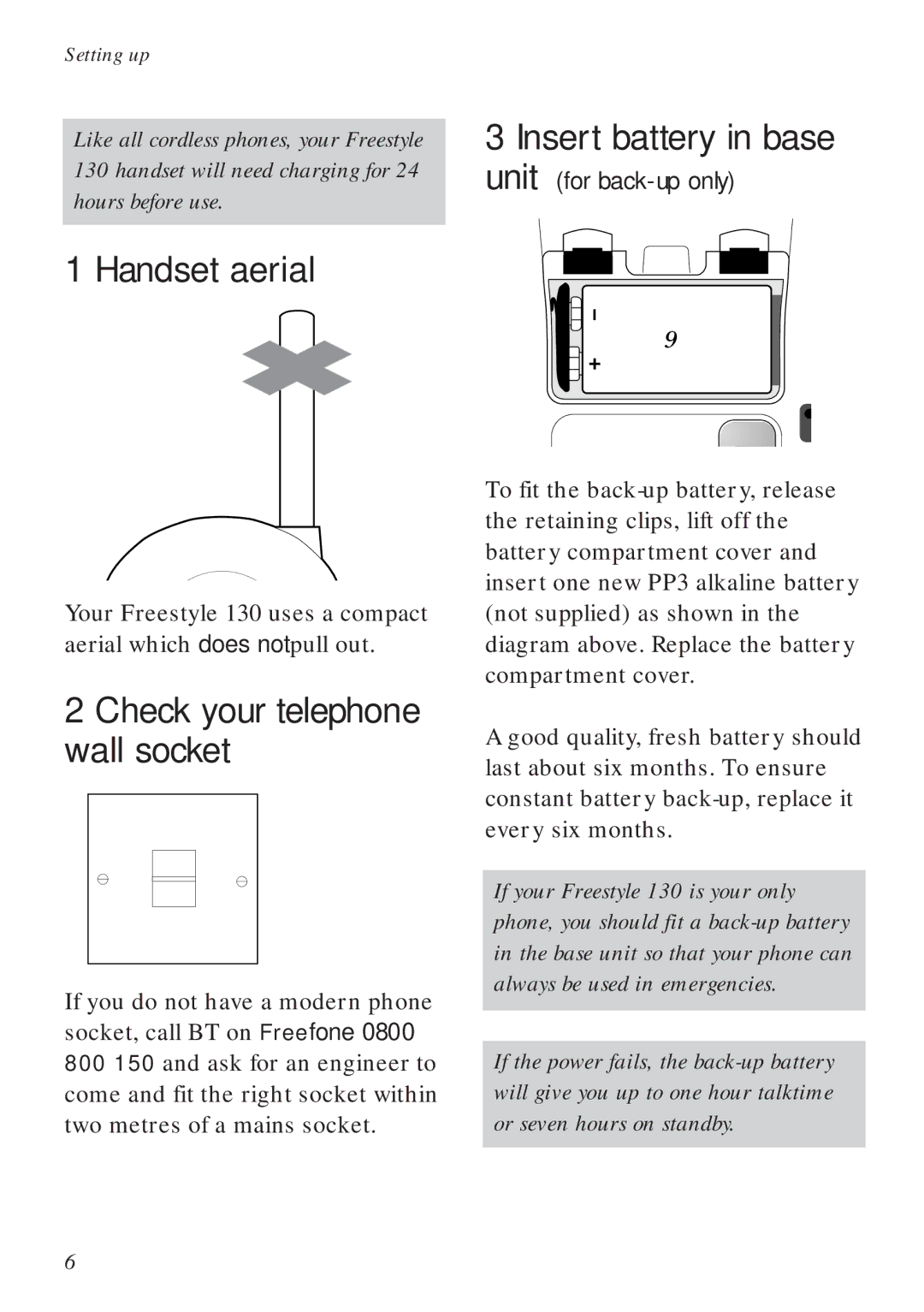 BT Freestyle 130 manual Handset aerial, Check your telephone wall socket 