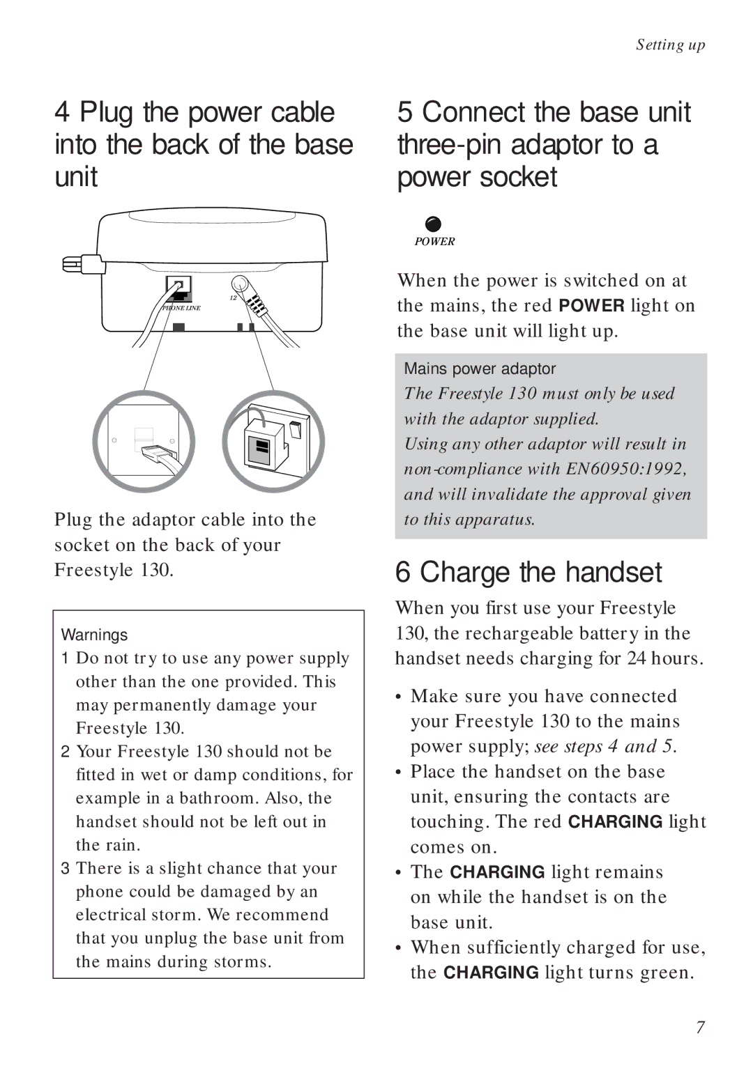 BT Freestyle 130 manual Plug the power cable into the back of the base unit, Charge the handset 