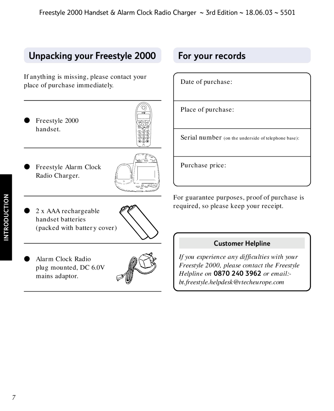 BT Freestyle 2000 manual Unpacking your Freestyle, Customer Helpline 