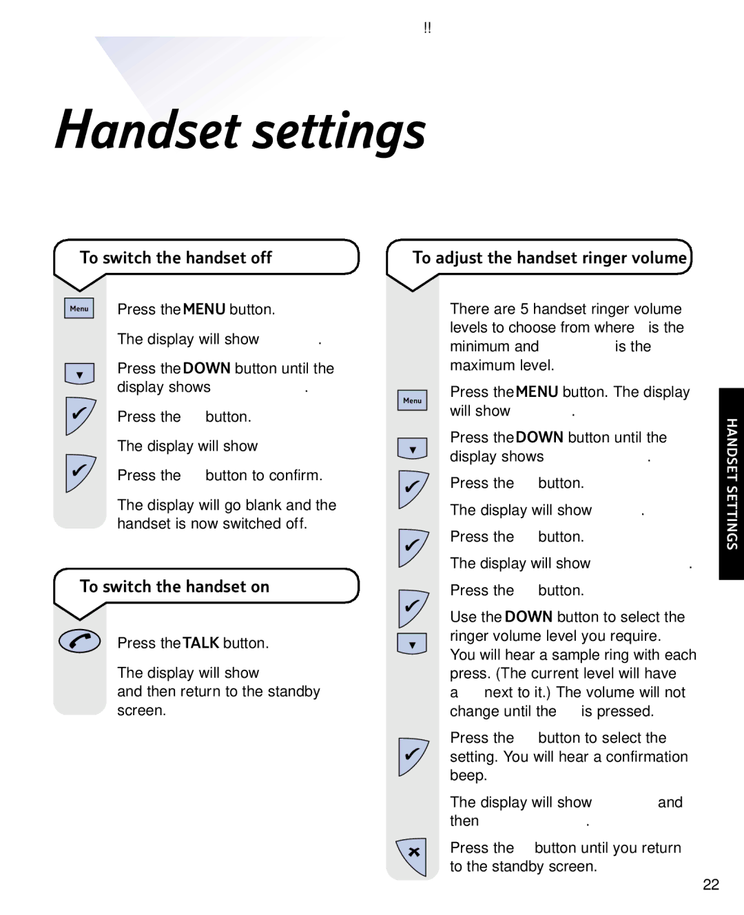 BT Freestyle 2000 manual Handset settings, To switch the handset off, To adjust the handset ringer volume 