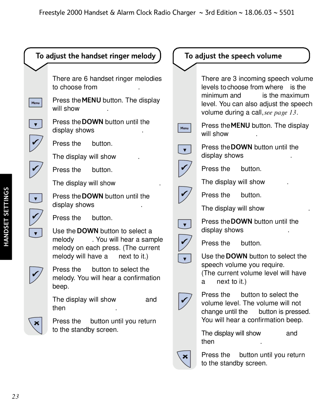 BT Freestyle 2000 manual To adjust the handset ringer melody, To adjust the speech volume 