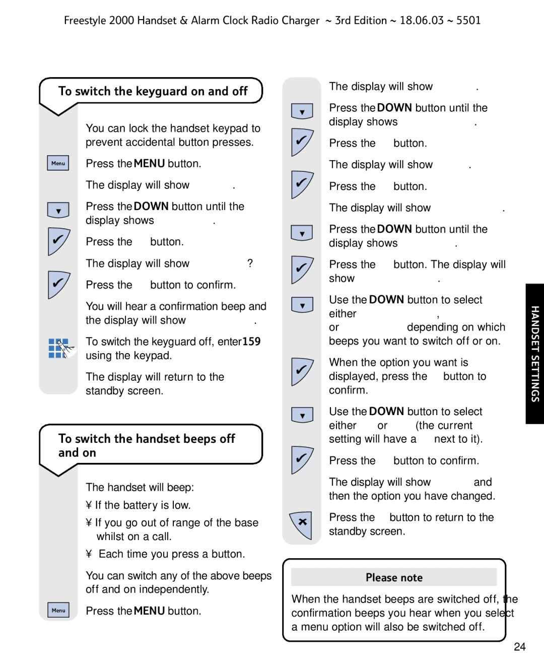 BT Freestyle 2000 manual To switch the keyguard on and off, To switch the handset beeps off and on 