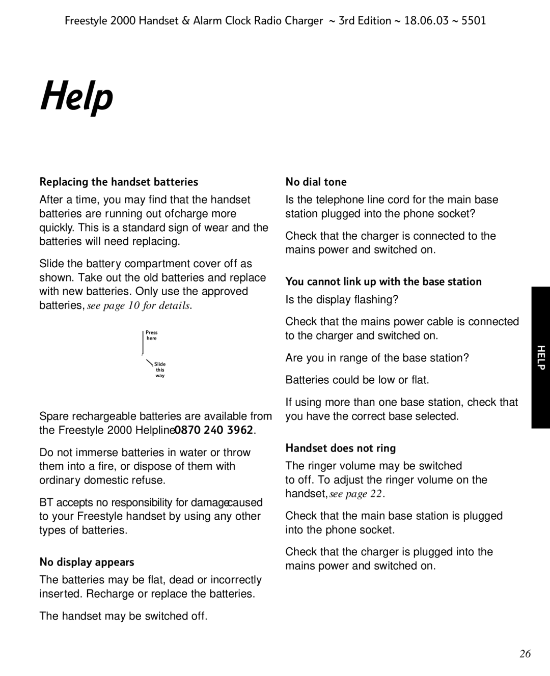 BT Freestyle 2000 Help, Replacing the handset batteries, You cannot link up with the base station, No display appears 