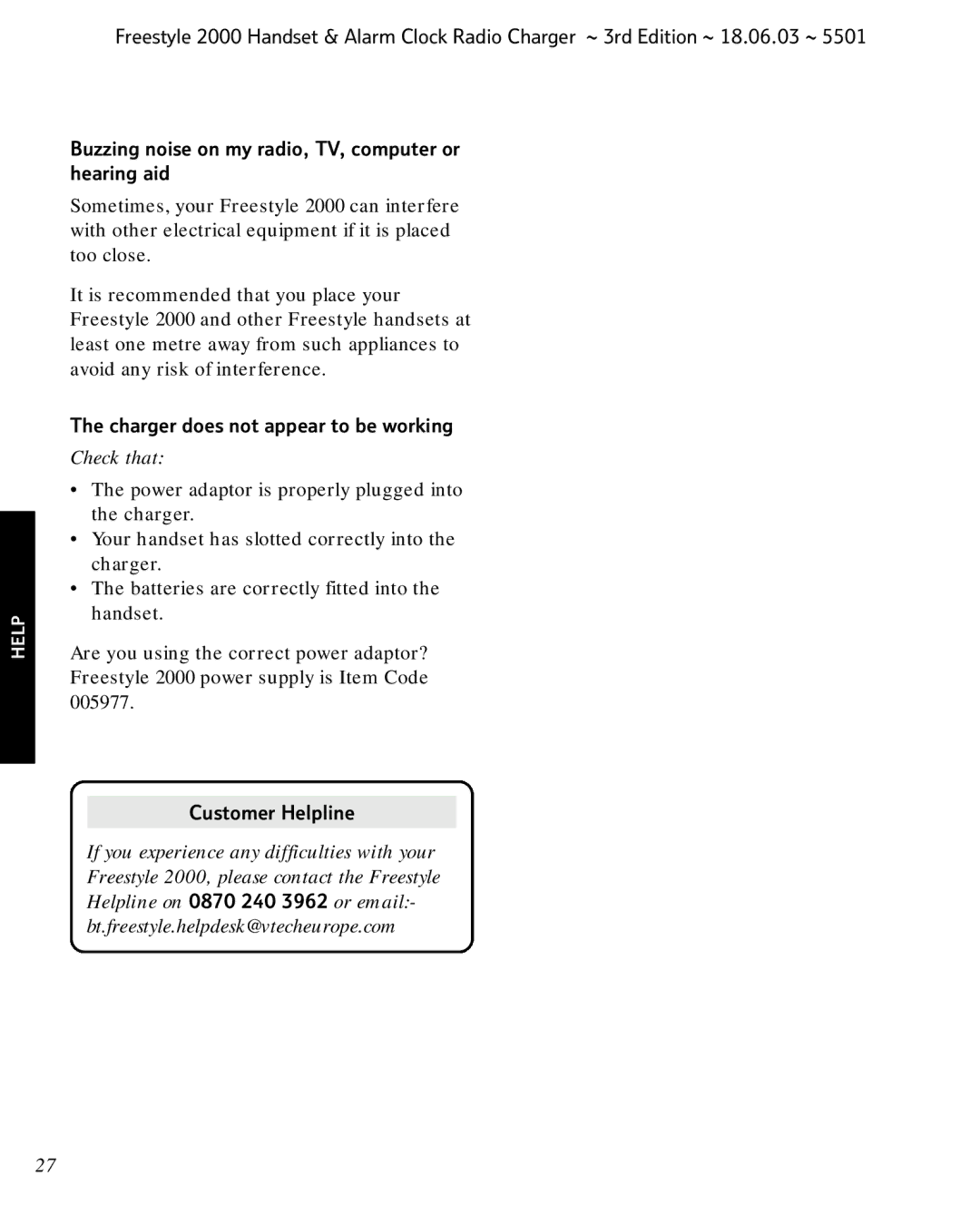 BT Freestyle 2000 manual Buzzing noise on my radio, TV, computer or hearing aid, Charger does not appear to be working 