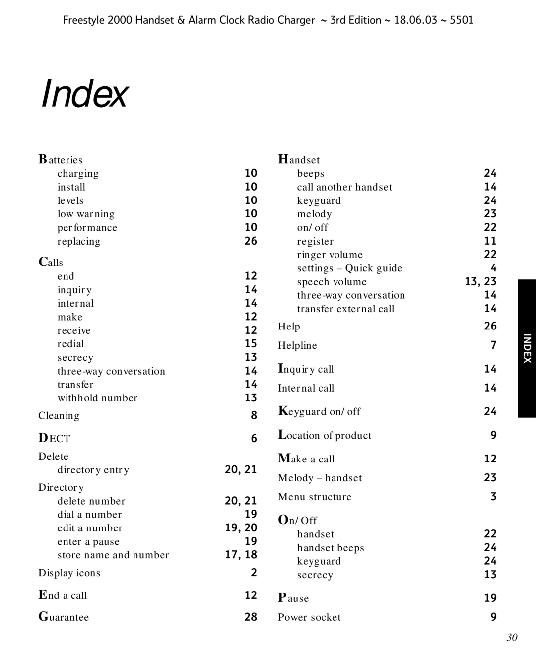 BT Freestyle 2000 manual Index, Dect 