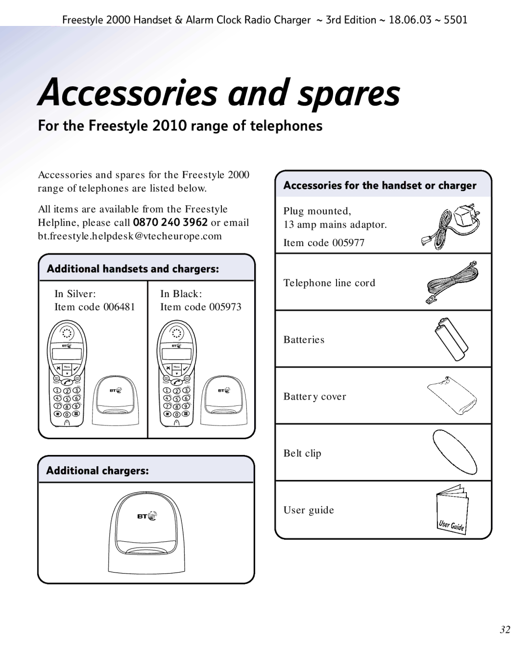 BT Freestyle 2000 manual Accessories and spares, For the Freestyle 2010 range of telephones, Additional chargers 