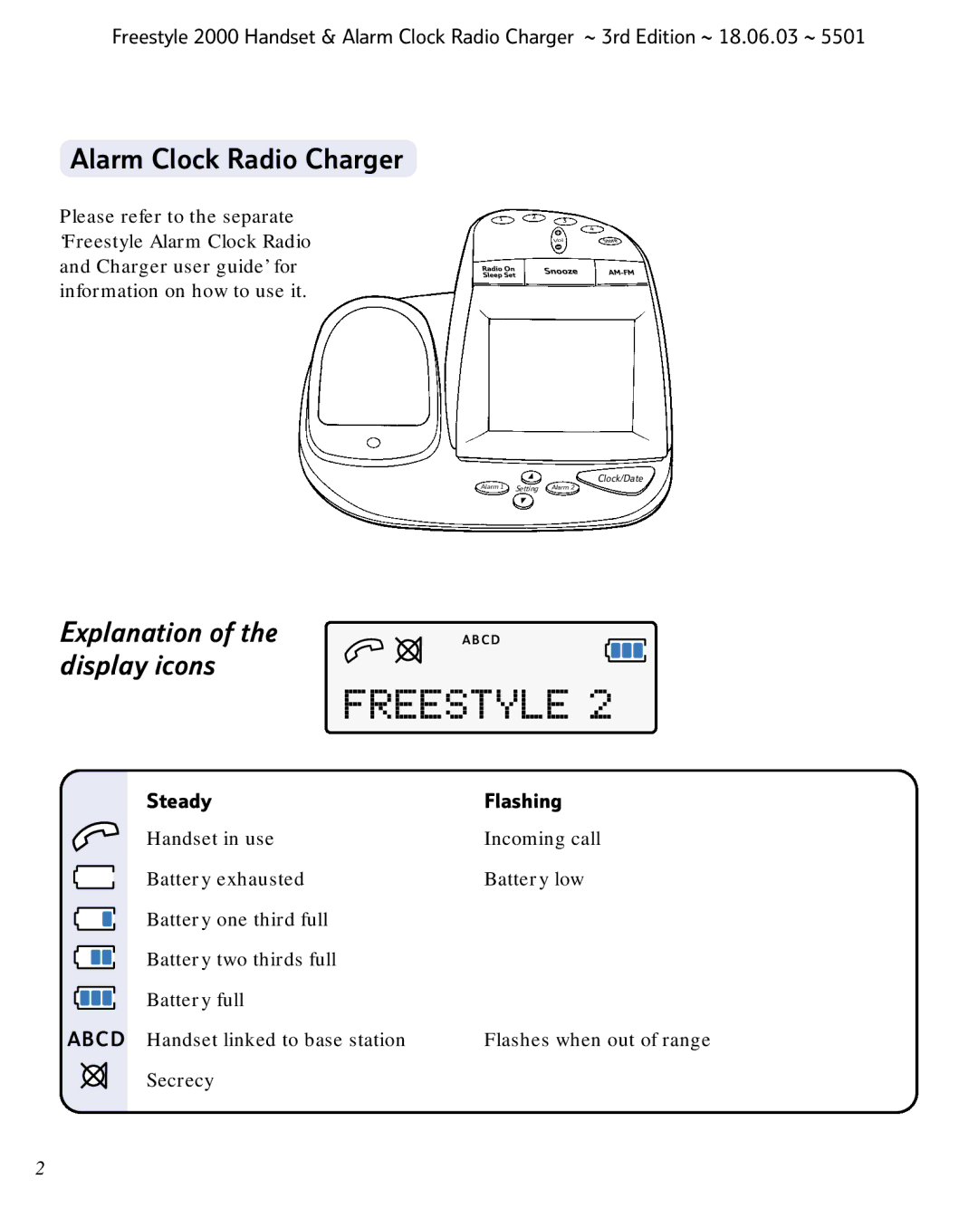 BT Freestyle 2000 manual Alarm Clock Radio Charger, Steady Flashing 