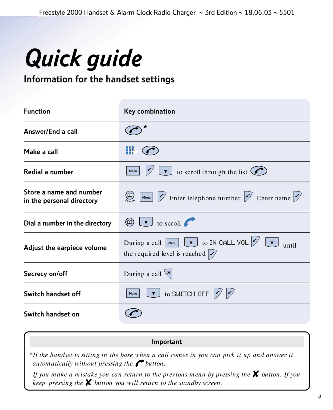 BT Freestyle 2000 manual Quick guide, Information for the handset settings 