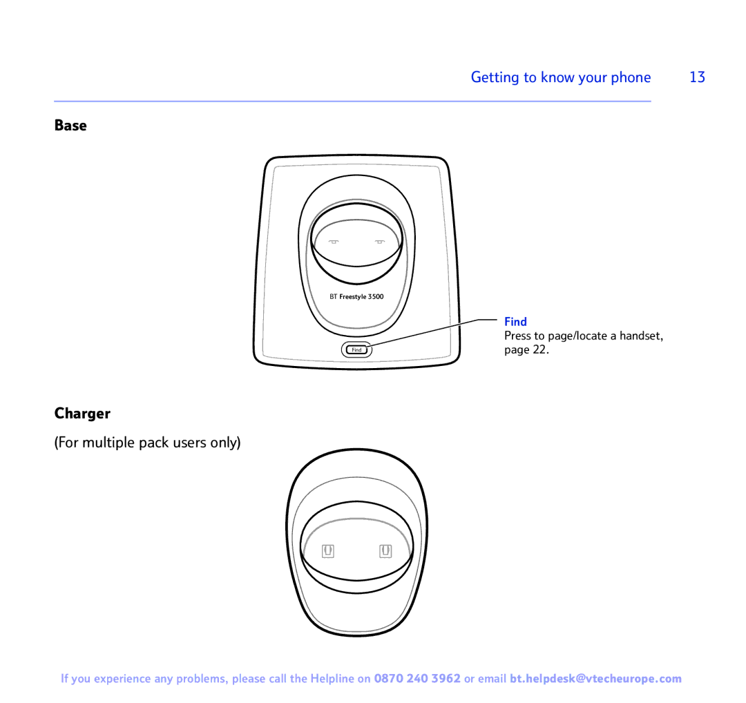 BT Freestyle 3500 manual Base, Charger For multiple pack users only, Find 