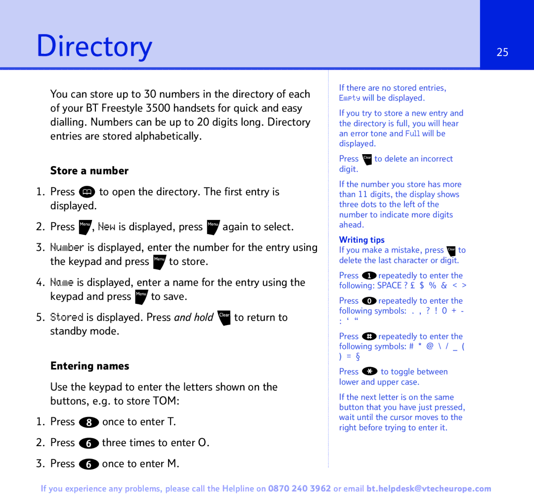 BT Freestyle 3500 manual Directory25, Writing tips 