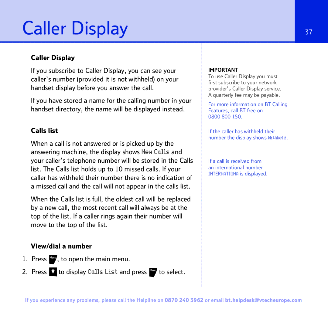 BT Freestyle 3500 manual Caller Display, Calls list 