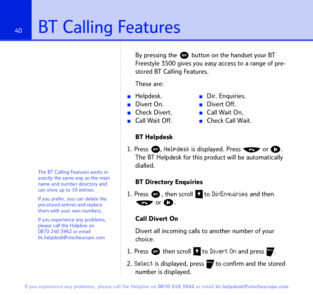 BT Freestyle 3500 manual BT Calling Features 