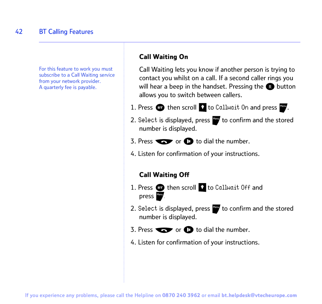 BT Freestyle 3500 manual BT Calling Features, Call Waiting On 