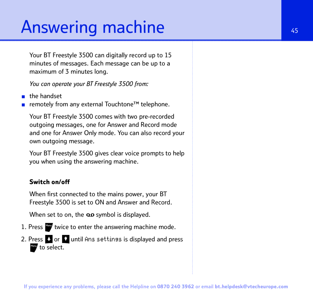 BT Freestyle 3500 manual Answering machine 