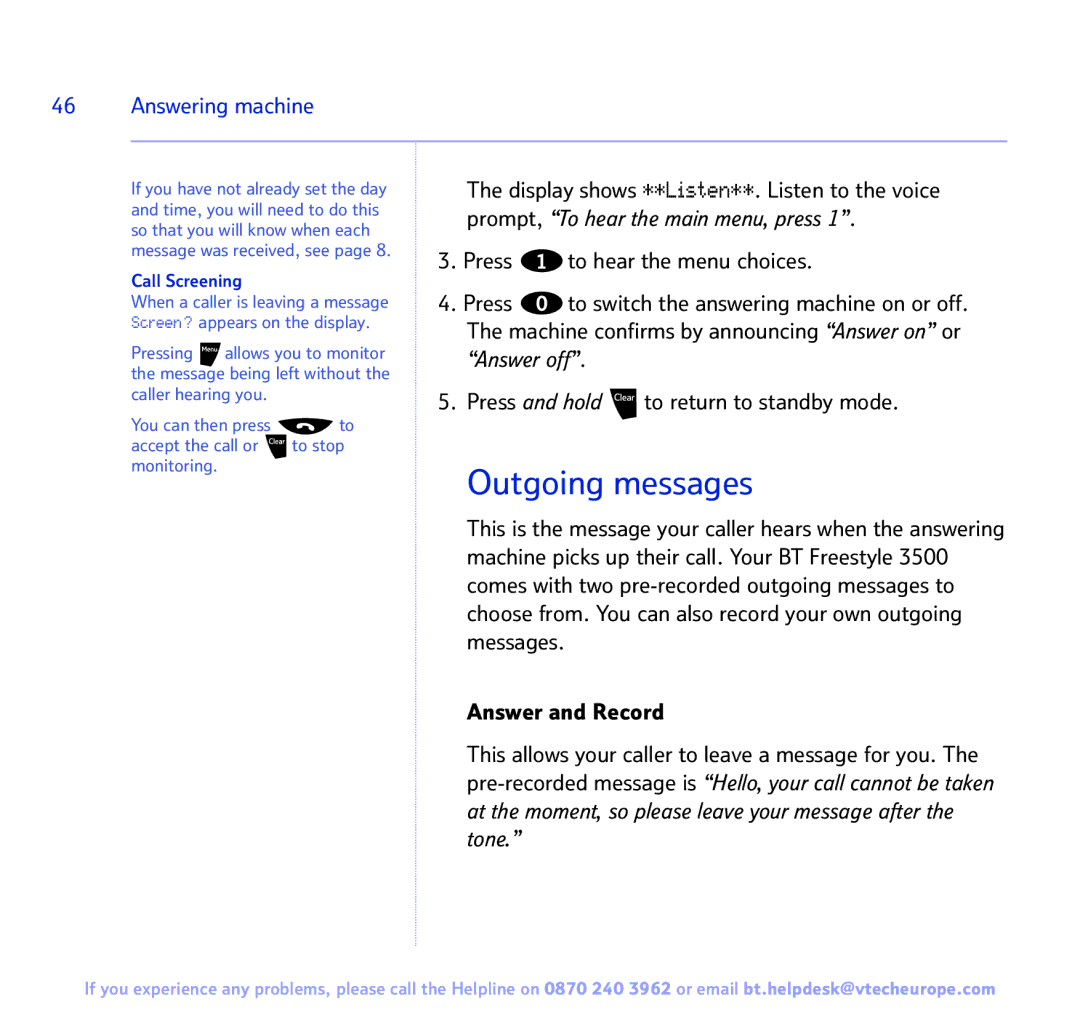BT Freestyle 3500 manual Answering machine, Call Screening 