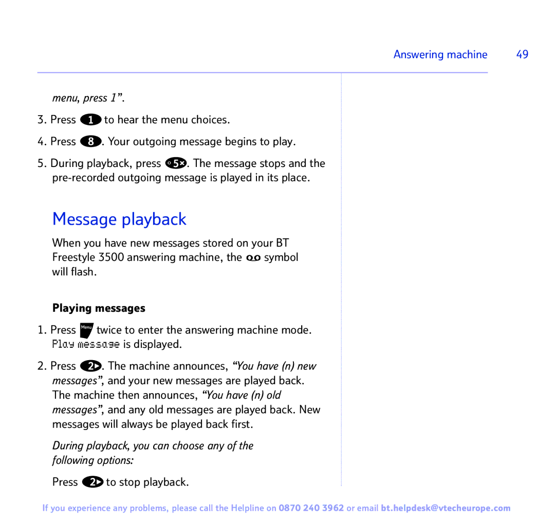 BT Freestyle 3500 manual Message playback, Press to stop playback 