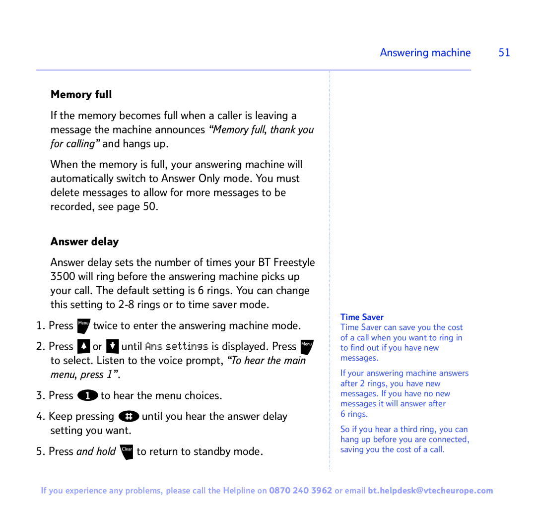 BT Freestyle 3500 manual Answer delay, Time Saver 
