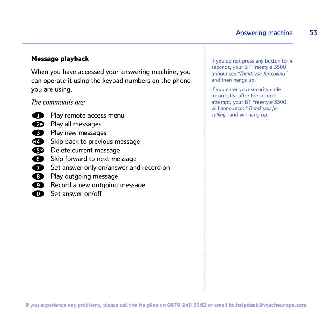 BT Freestyle 3500 manual Commands are 