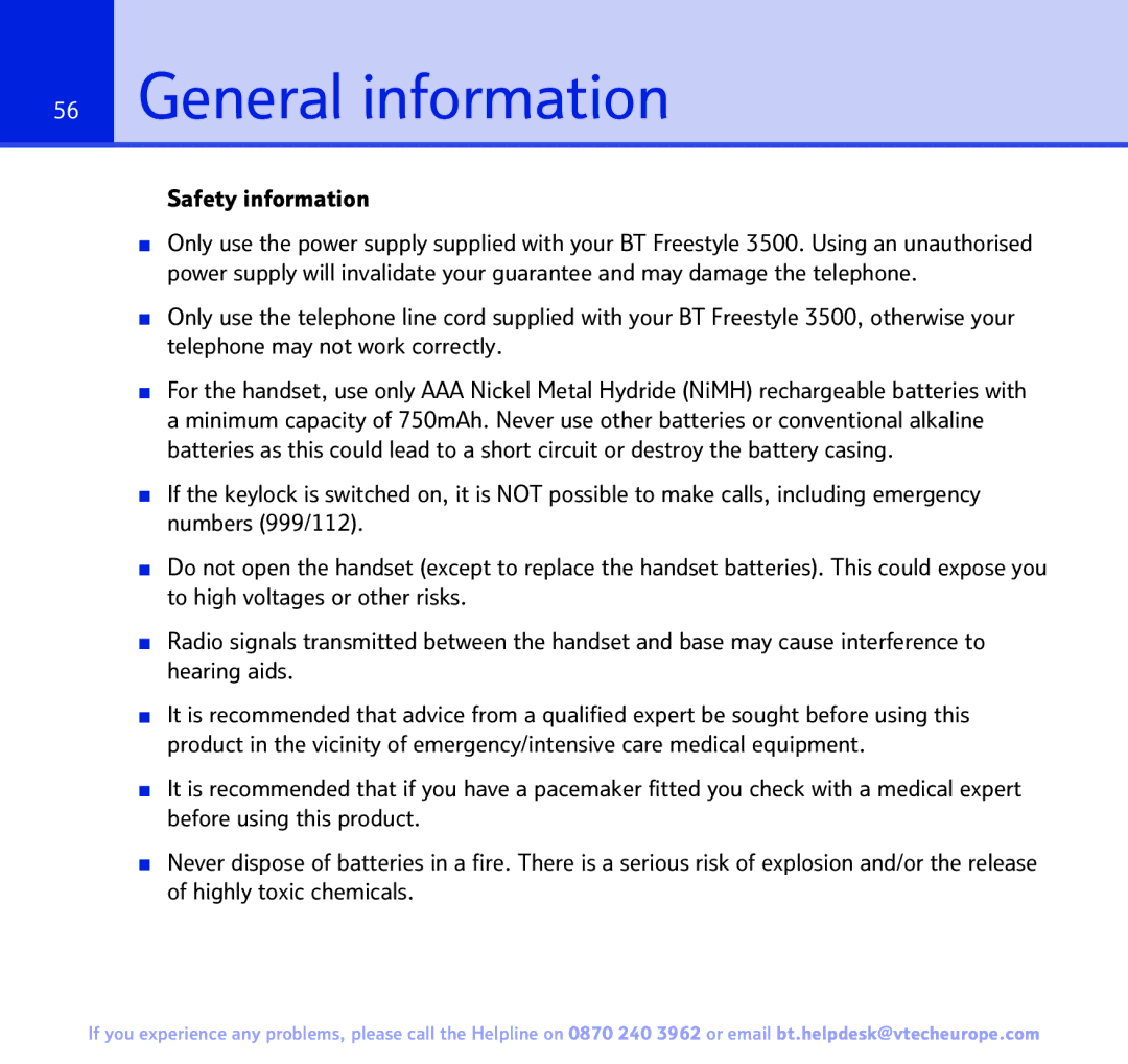 BT Freestyle 3500 manual General information, Safety information 