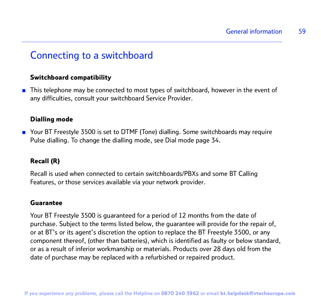 BT Freestyle 3500 manual Recall R, Guarantee 