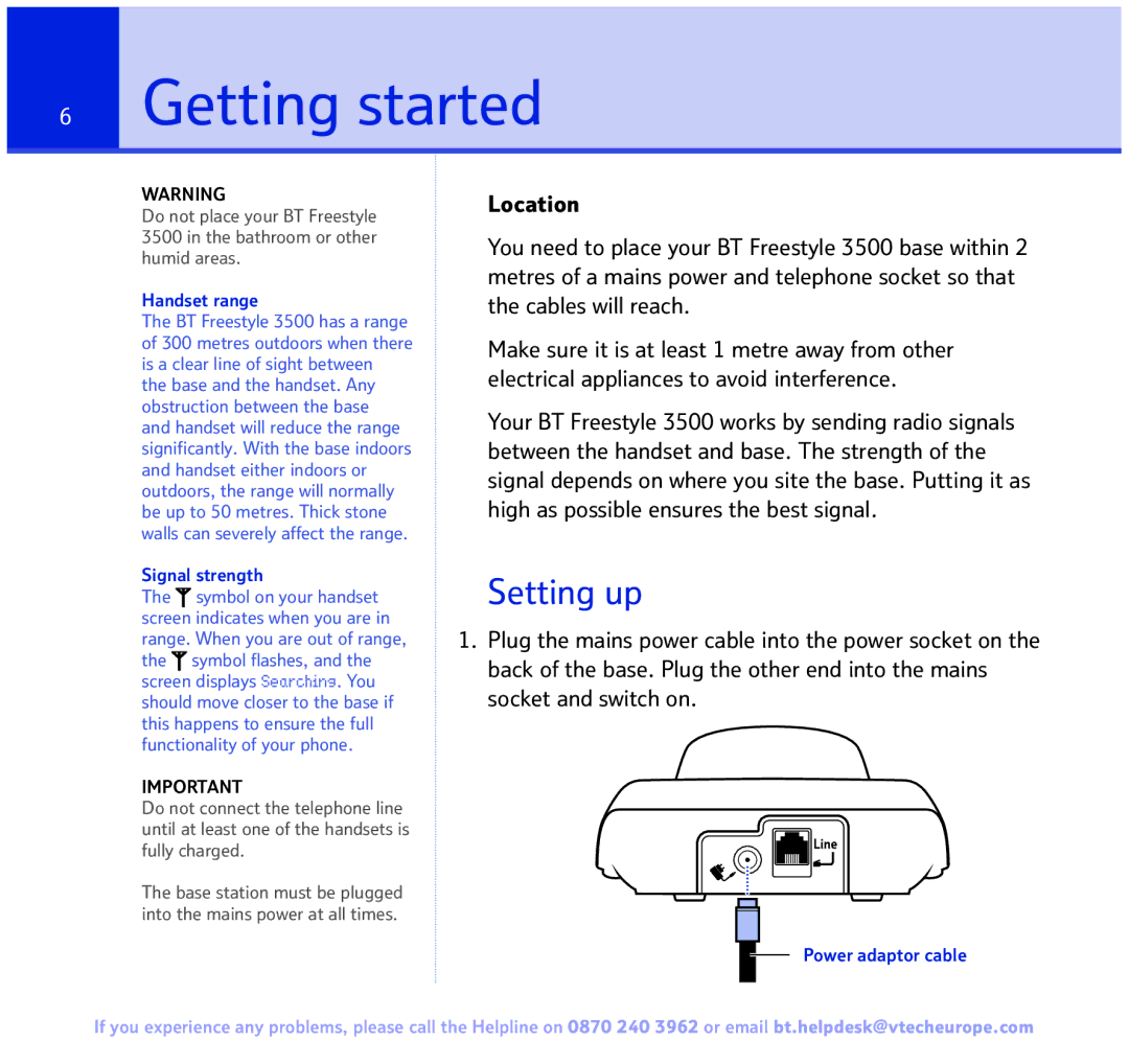 BT Freestyle 3500 manual Getting started, Handset range, Signal strength, Power adaptor cable 