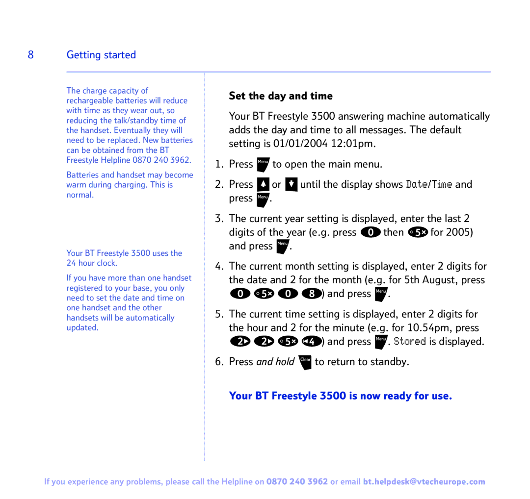 BT manual Getting started, Set the day and time, Your BT Freestyle 3500 is now ready for use 