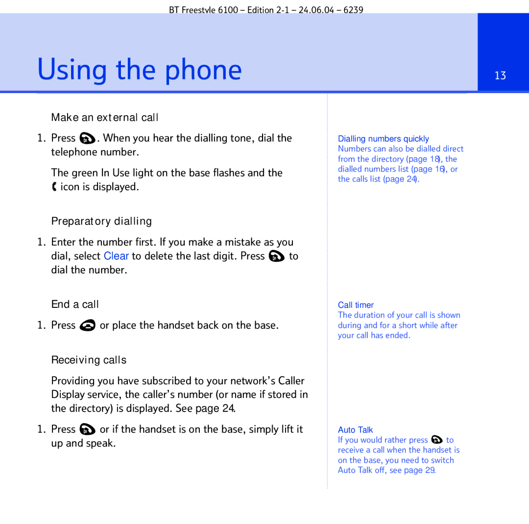 BT Freestyle 6100 manual Using the phone, Call timer, Auto Talk 