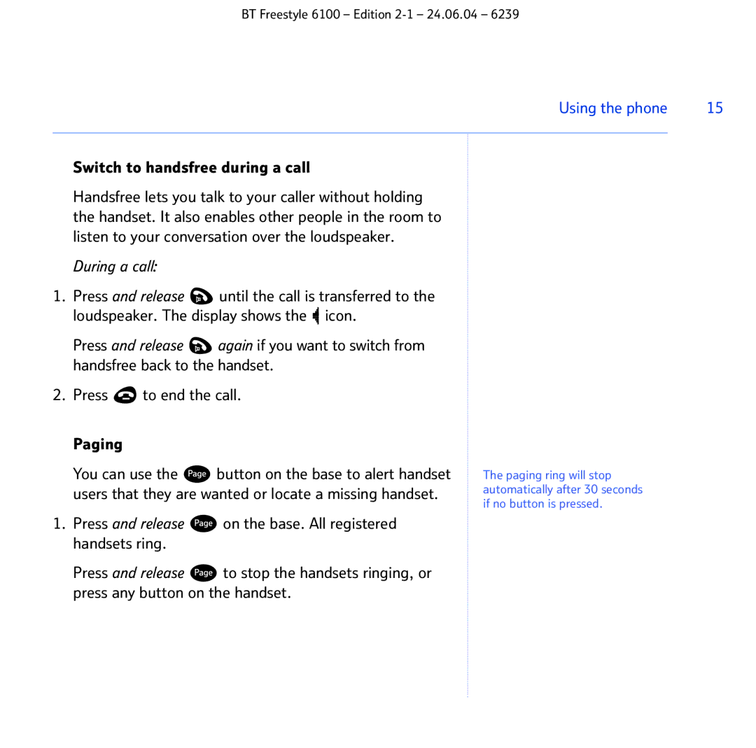 BT Freestyle 6100 manual Switch to handsfree during a call, During a call 