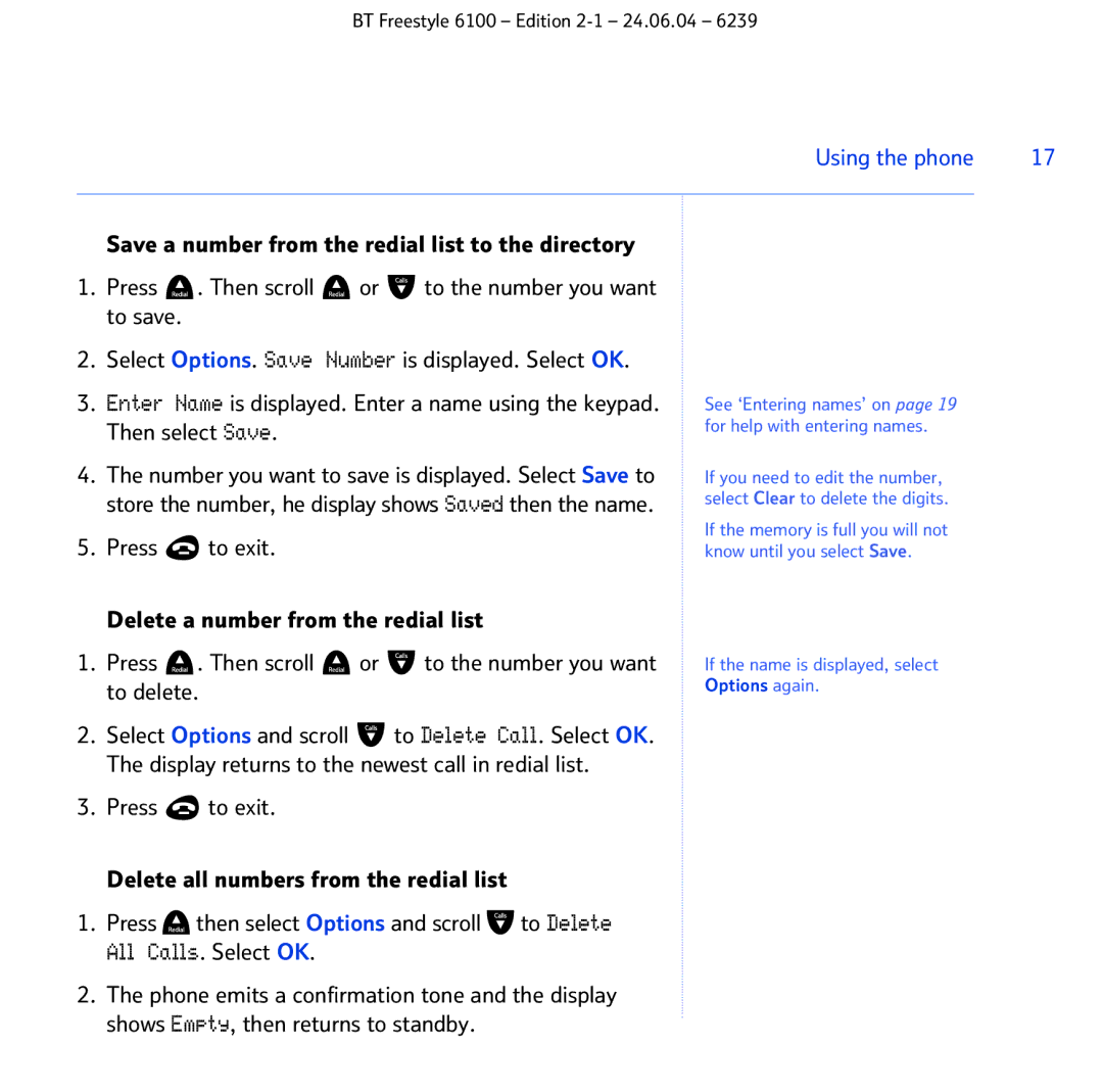 BT Freestyle 6100 manual Then select Save, Press To exit, To delete, Options again 