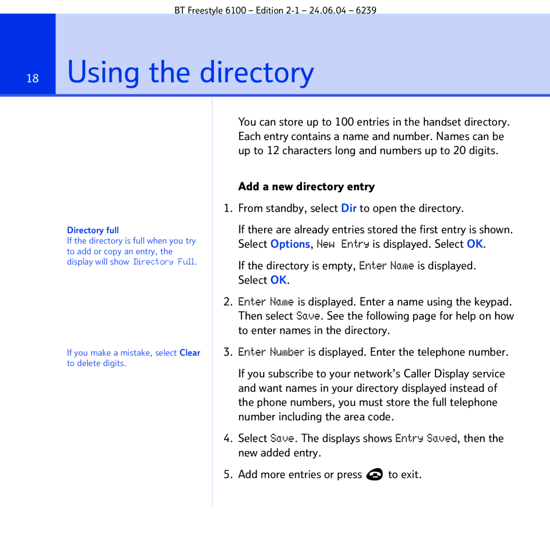 BT Freestyle 6100 manual Using the directory, Directory full 