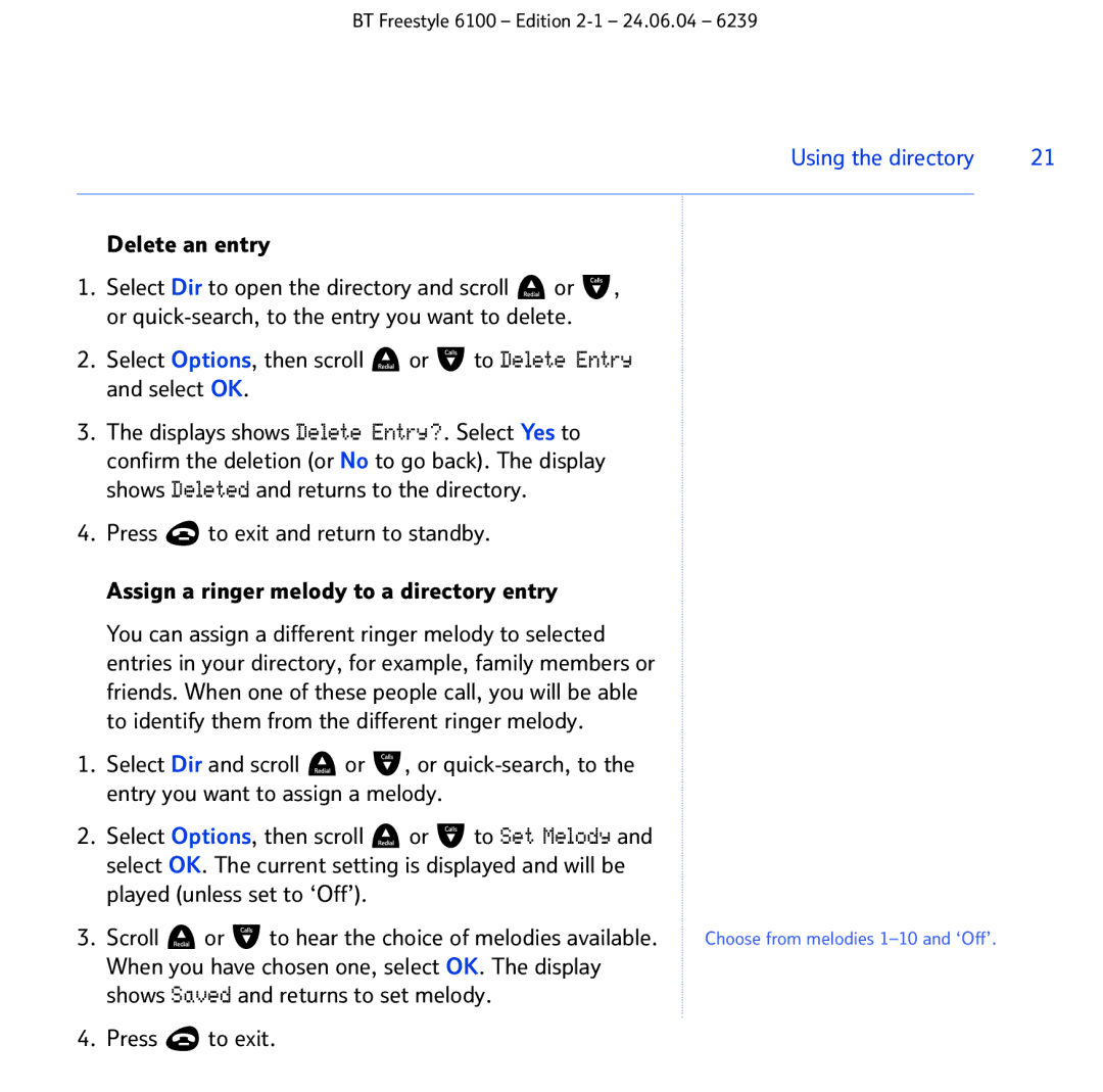 BT Freestyle 6100 manual Delete an entry, Select Options, then scroll or to Delete Entry and select OK 