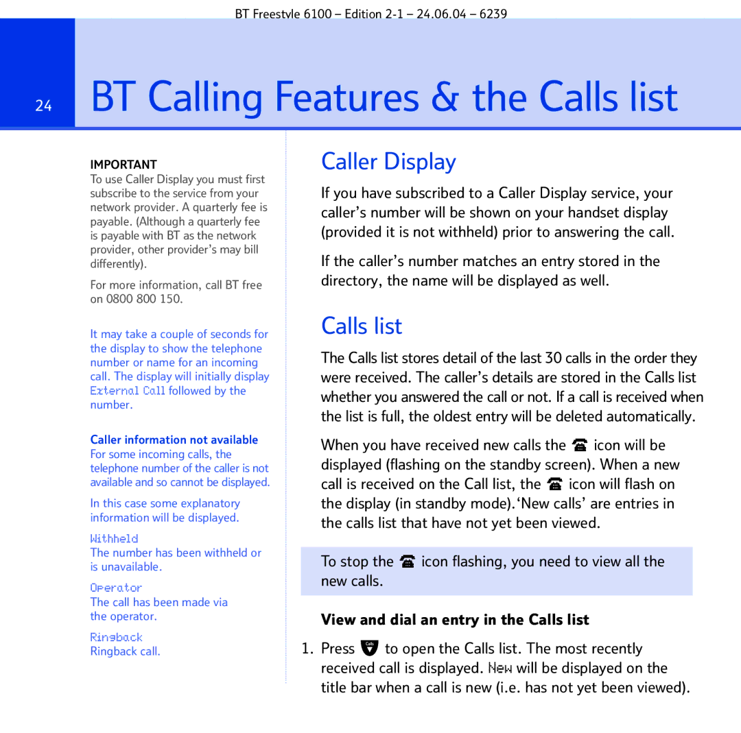 BT Freestyle 6100 manual Caller Display, Calls list 