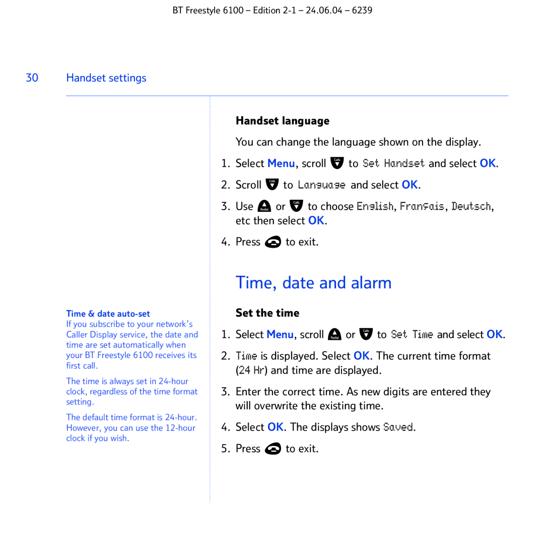 BT Freestyle 6100 manual Time, date and alarm, Time & date auto-set 